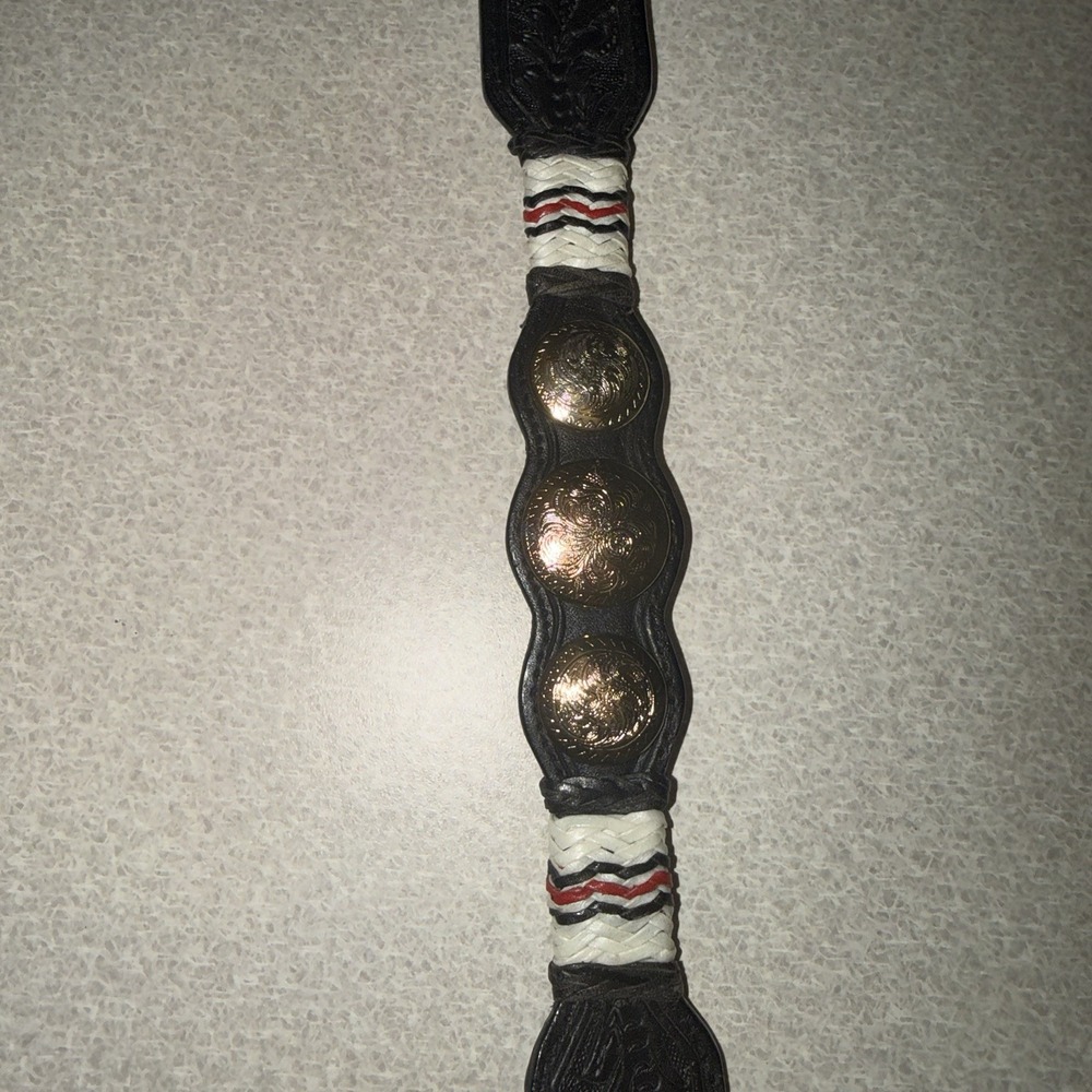 VTG Tony Lama Scalloped Leather Silver Concho Belt size 42 Western Woven Accent